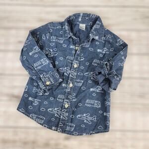Carter's Boys Airplanes Button Down Denim Long Sleeve Shirt Size 24M